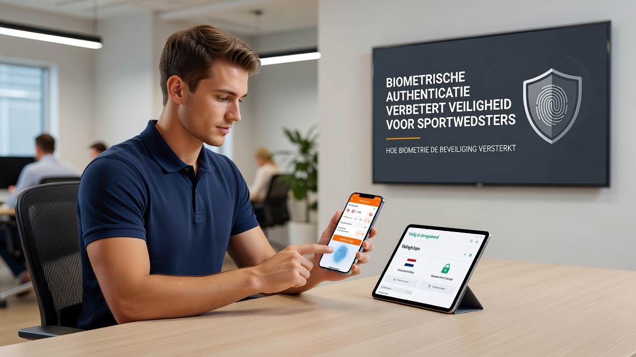 Veiligheidsdashboard van een Nederlandse gokapp met biometrische verificatie voor slotspellen en sportweddenschappen